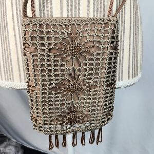 NY LITES Brown Crocheted & Beaded Crossbody Bag Purse Pocketbook